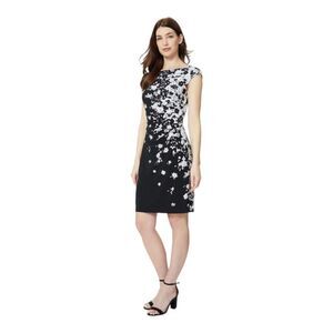 Lauren Ralph Lauren Black White Floral Stretch Jersey Knit Ruched Sheath Dress 8
